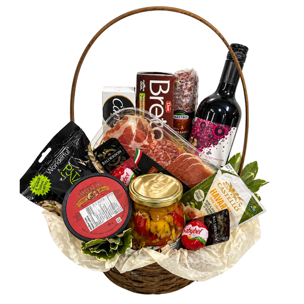 Charcuterie Basket with Red Wine