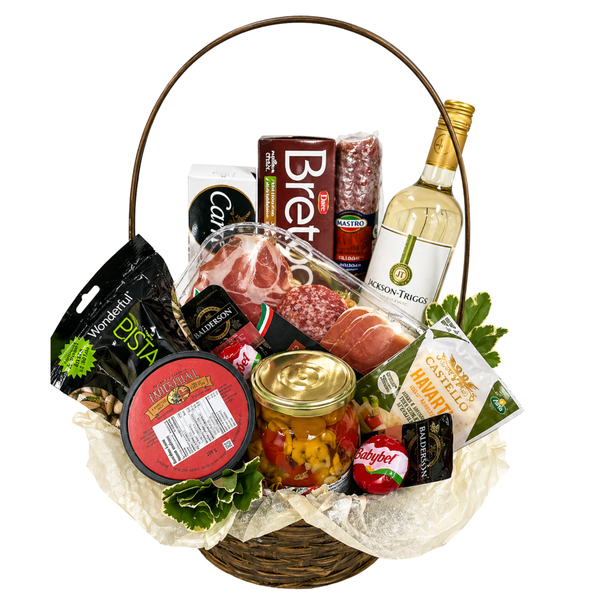 Charcuterie Basket with White Wine